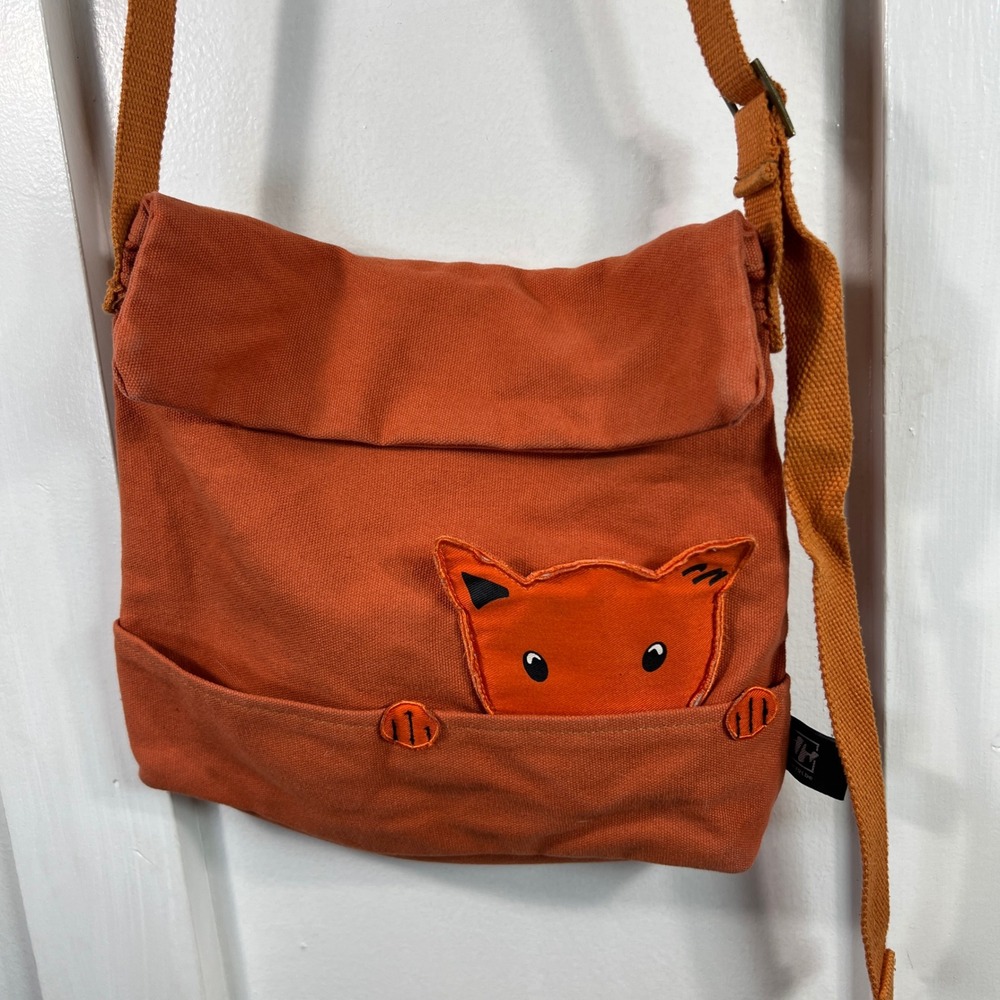 Burnt Orange Canvas Fox Messenger Bag Crossbody 100% Cotton Adjustable Strap